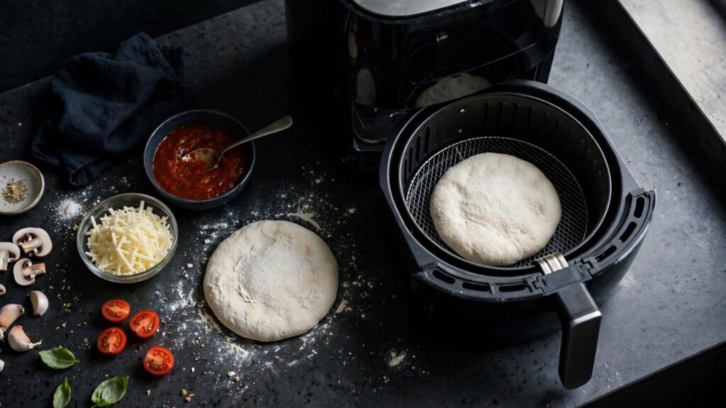 Fresh pizza dough prepared for cooking in an air fryer
