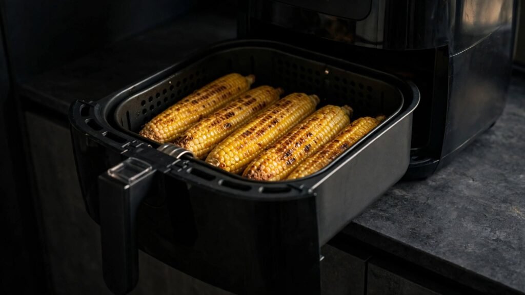 Corn ears arranged in an air fryer basket for even cooking