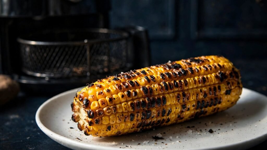 Air fryer corn with golden kernels and charred browned patches
