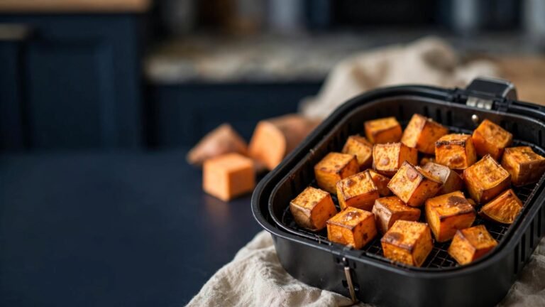 Roasted Sweet Potatoes in the Air Fryer basket with golden-brown edges