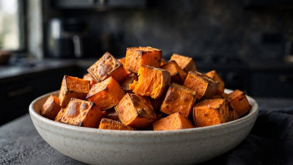 Golden-brown air fryer roasted sweet potatoes with tender centers