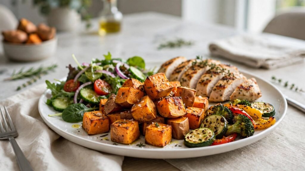 Air fryer roasted sweet potatoes served with grilled chicken and salad