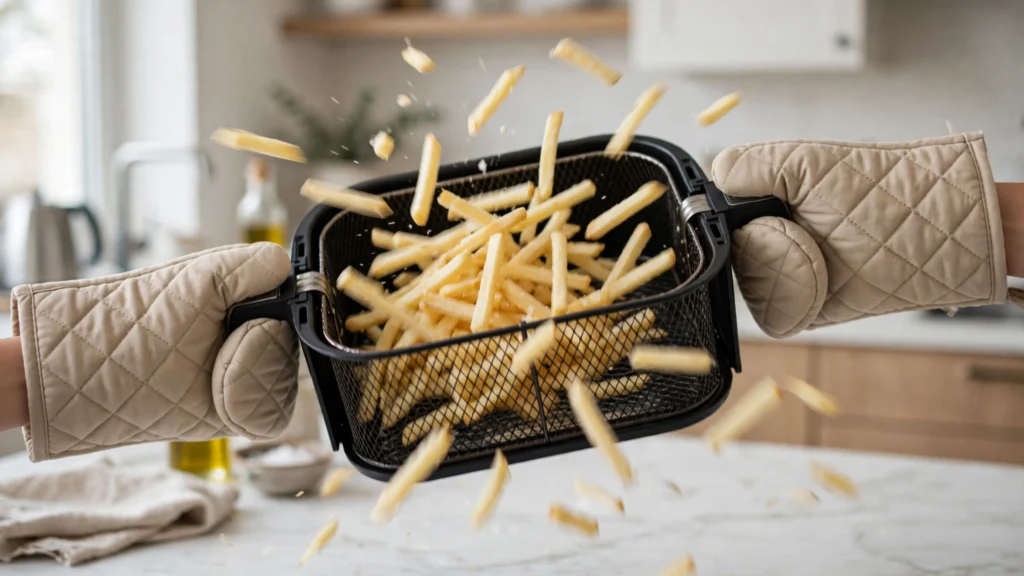 Air fryer basket being shaken to cook frozen fries evenly