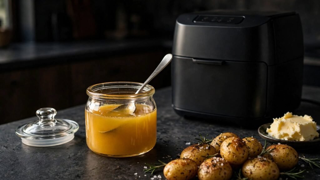 Golden ghee beside an air fryer with roasted potatoes