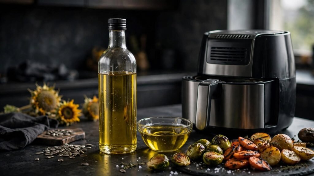 Sunflower oil beside an air fryer