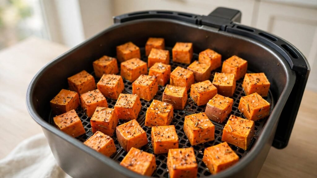 Seasoned sweet potato cubes arranged in an air fryer basket