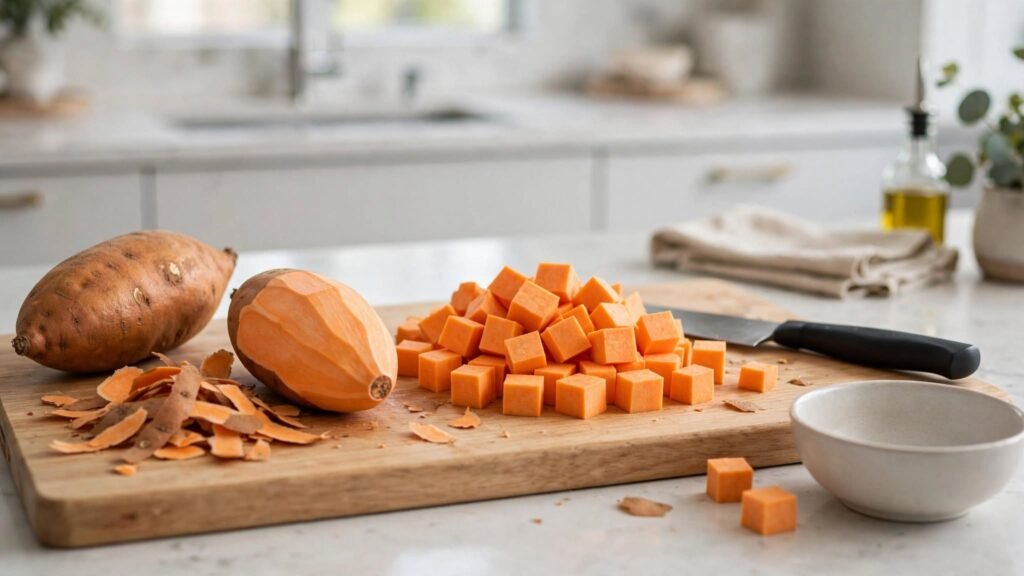 Sweet potatoes cut into even cubes for air frying