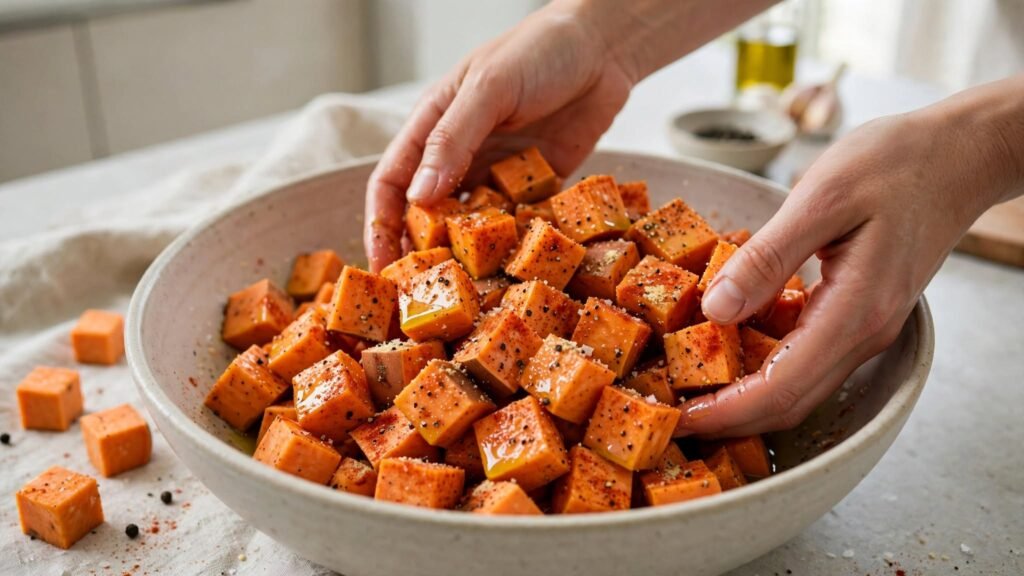 Sweet potato cubes coated with oil and seasonings before air frying